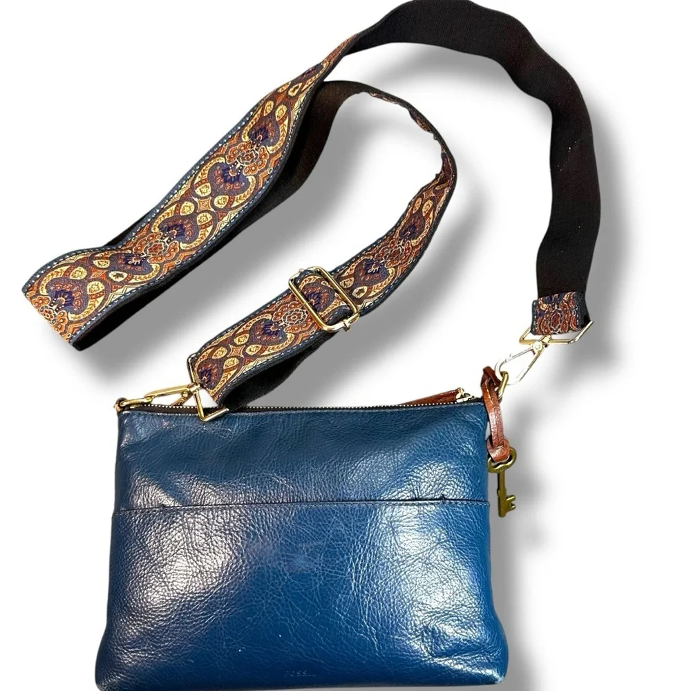 Fossil Campbell Crossbody Navy Blue Genuine Leather Crossbody Bag GUC